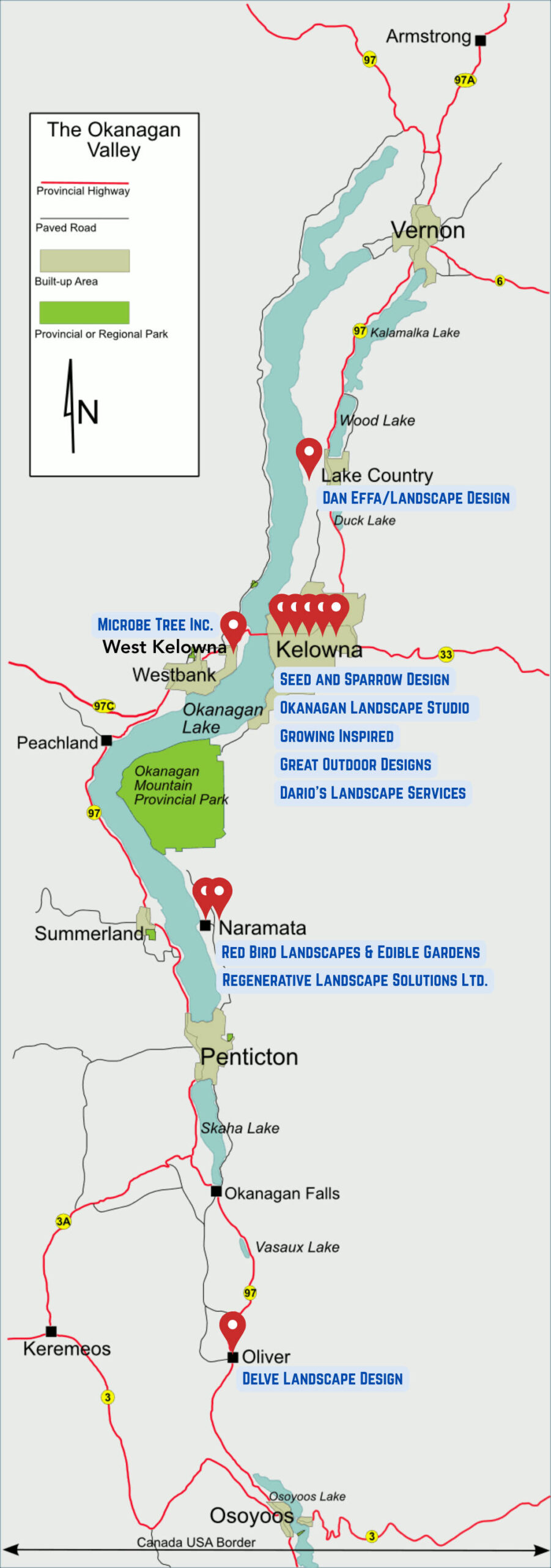 map showing Okanagan Xeriscape-friendly landscapers